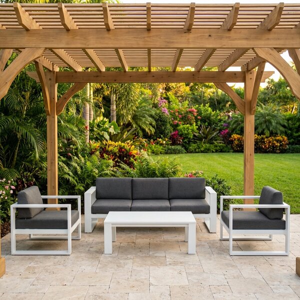 VivaGarden Salotto da Giardino con Divano 3 posti 2 Poltrone e Tavolino con Cuscini in Alluminio colore Bianco - Maturn