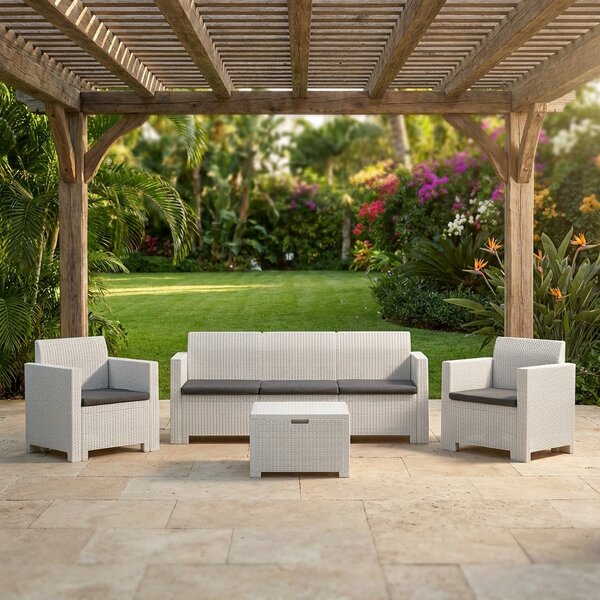BICA Salotto da Giardino con Divano 3 Posti 2 Poltrone e Tavolino con Cuscini in Rattan PE colore Bianco - Nebraska 3