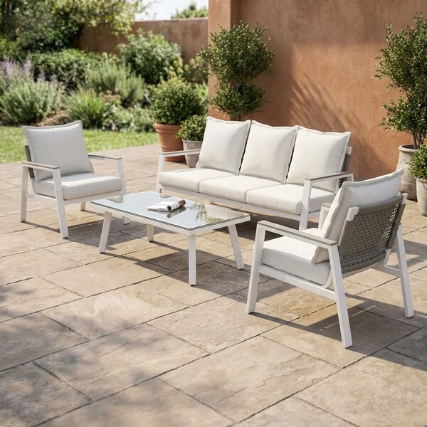 Amicasa Salotto da Giardino con Divano 3 Posti 2 Poltrone e Tavolino con Cuscini in Alluminio colore Bianco - Alex