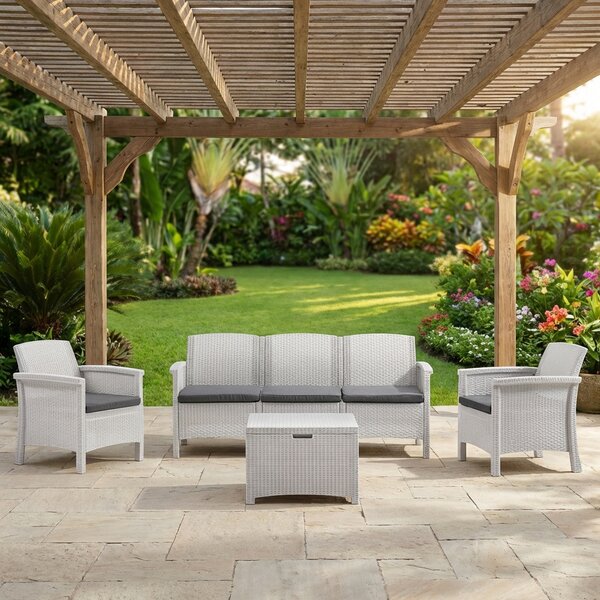 BICA Salotto da Giardino con Divano 3 Posti 2 Poltrone e Tavolino con Cuscini in Rattan PE colore Bianco - Venezia III