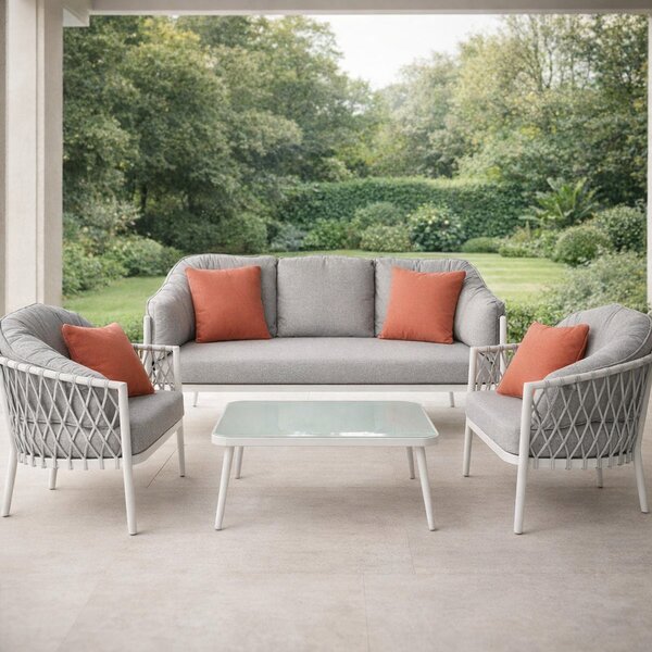 VivaGarden Salotto da Giardino con Divano 3 Posti 2 Poltrone e Tavolino con Cuscini in Alluminio colore Bianco