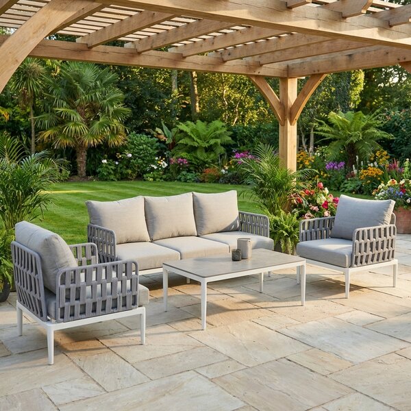 VivaGarden Salotto da Giardino con Divano 3 Posti 2 Poltrone e Tavolino con Cuscini in Alluminio colore Grigio Chiaro