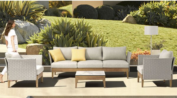 VivaGarden Salotto da Giardino con Divano 3 Posti 2 Poltrone e Tavolino con Cuscini in Alluminio Effetto Rattan colore Marrone/Grigio - Flamengo