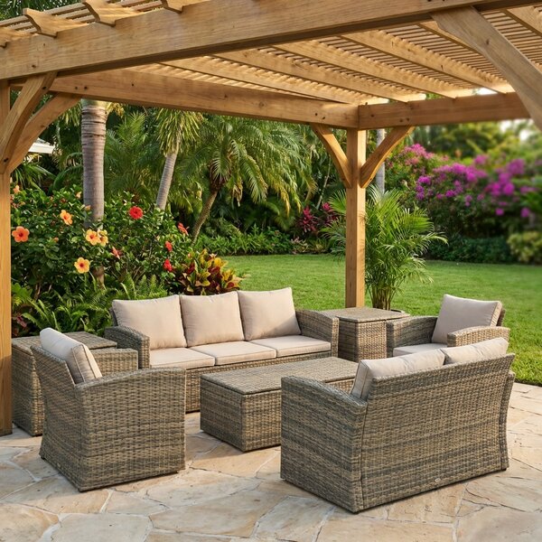 VivaGarden Salotto da Giardino con Divano 3 Posti Divano 2 Posti 2 Poltrone Tavolino Caff Tavolino Laterale e Cuscini in Rattan PE colore Beige