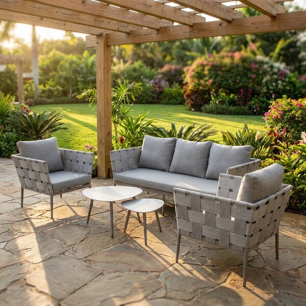 VivaGarden Salotto da Giardino con Divano 3 Posti 2 Poltrone e Tavolino con Cuscini in Tessuto e Alluminio colore Grigio/Tortora