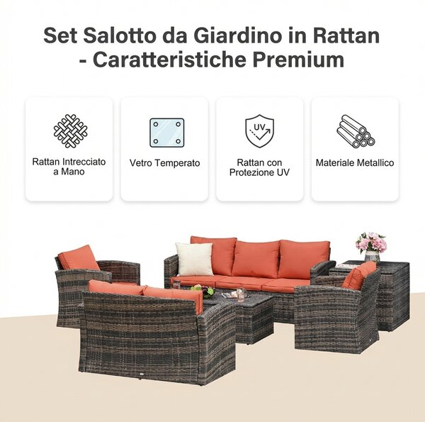 VivaGarden Salotto da Giardino con Divano 3 Posti Divano 2 Posti 2 Poltrone Tavolino Caff Tavolino Laterale e Cuscini in Rattan PE colore Marrone/
