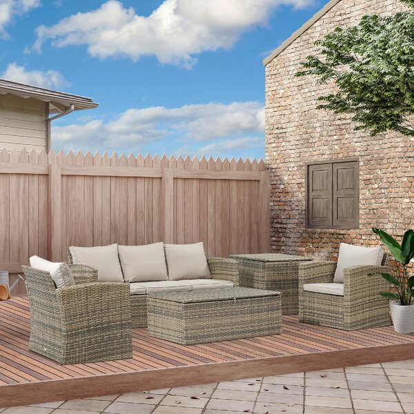 VivaGarden Salotto da Giardino con Divano 3 Posti Divano 2 Posti 2 Poltrone Tavolino Caff Tavolino Laterale e Cuscini in Rattan PE colore Beige