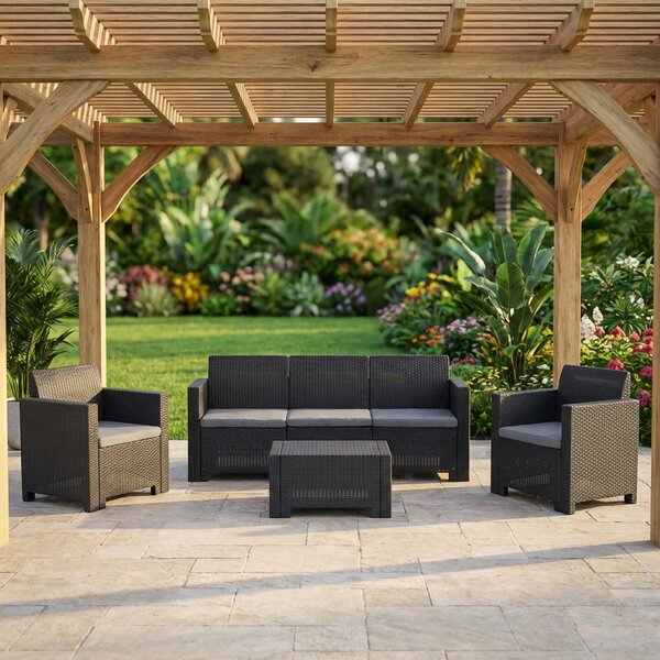 BICA Salotto da Giardino con Divano 3 Posti 2 Poltrone e Tavolino con Cuscini in Rattan PE colore Taupe - Nebraska III