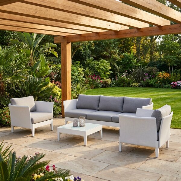 VivaGarden Salotto da Giardino con Divano 3 Posti 2 Poltrone e Tavolino con Cuscini in Textilene e Alluminio colore Bianco - Outdoor