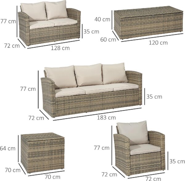 VivaGarden Salotto da Giardino con Divano 3 Posti Divano 2 Posti 2 Poltrone Tavolino Caff Tavolino Laterale e Cuscini in Rattan PE colore Beige