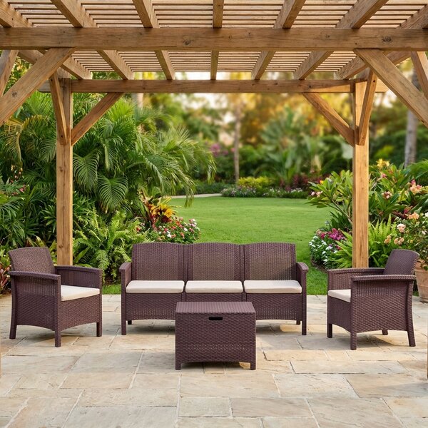 BICA Salotto da Giardino con Divano 3 Posti 2 Poltrone e Tavolino con Cuscini in Rattan PE colore Marrone - Venezia III