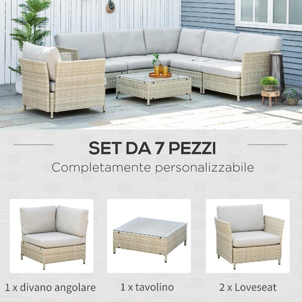 VivaGarden Salotto da Giardino con Divano Angolare 1 Poltrona e Tavolino con Cuscini in Rattan PE colore Beige