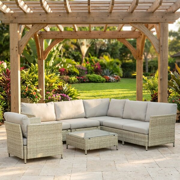 VivaGarden Salotto da Giardino con Divano Angolare 1 Poltrona e Tavolino con Cuscini in Rattan PE colore Beige