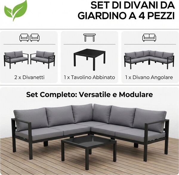 VivaGarden Salotto da Giardino con Divano Angolare e Tavolino con Cuscini in Acciaio colore Grigio