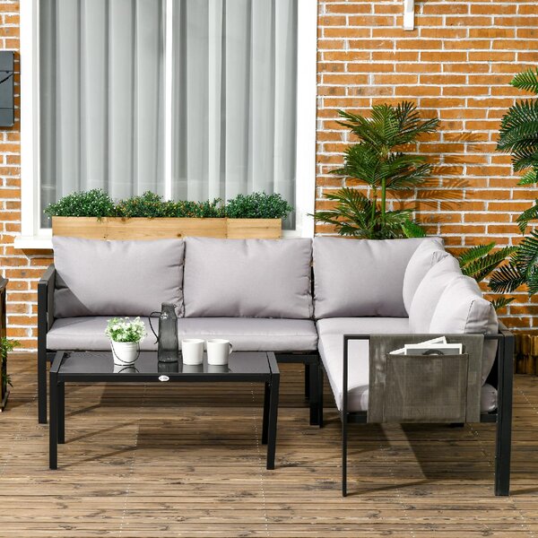 VivaGarden Salotto da Giardino con Divano Angolare e Tavolino con Cuscini in Acciaio colore Grigio