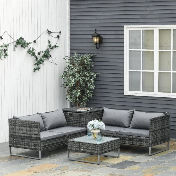 VivaGarden Salotto da Giardino con Divano Angolare con Angolo Contenitore e Tavolino con Cuscini in Rattan PE colore Grigio