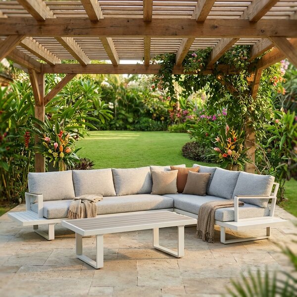 Amicasa Salotto da Giardino con Divano Angolare 5 Posti e Tavolino in Alluminio/Poliestere colore Bianco/Grigio - Royal