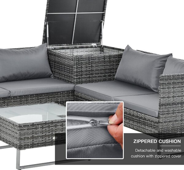 VivaGarden Salotto da Giardino con Divano Angolare con Angolo Contenitore e Tavolino con Cuscini in Rattan PE colore Grigio