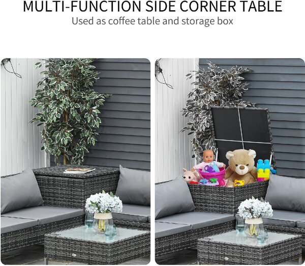 VivaGarden Salotto da Giardino con Divano Angolare con Angolo Contenitore e Tavolino con Cuscini in Rattan PE colore Grigio