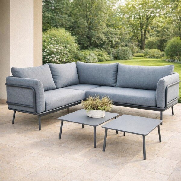 VivaGarden Salotto da Giardino con Divano Angolare e 2 Tavolini con Cuscino in Alluminio colore Grigio - Terrace
