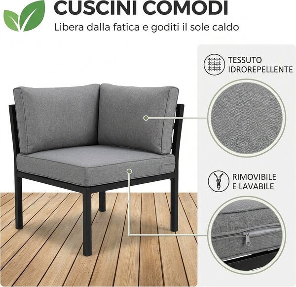 VivaGarden Salotto da Giardino con Divano Angolare e Tavolino con Cuscini in Acciaio colore Grigio
