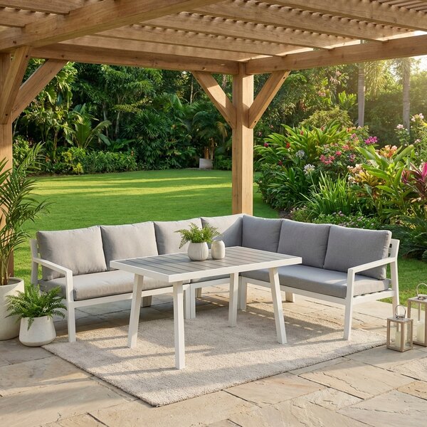 VivaGarden Salotto da Giardino con Divano Angolare e Tavolino con Cuscini in Alluminio colore Grigio - Madeira