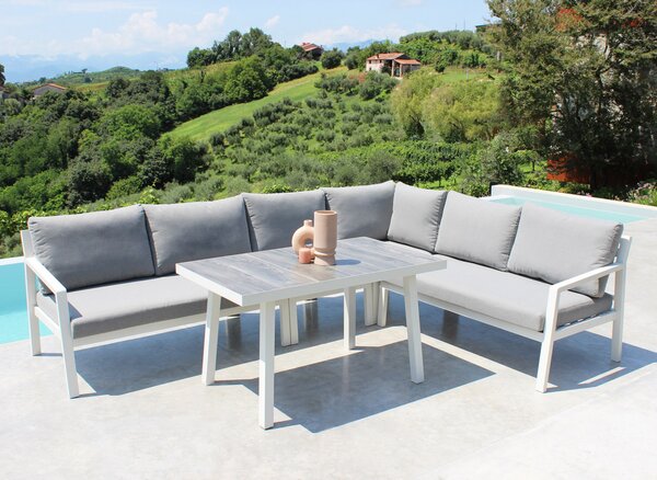 VivaGarden Salotto da Giardino con Divano Angolare e Tavolino con Cuscini in Alluminio colore Grigio - Madeira