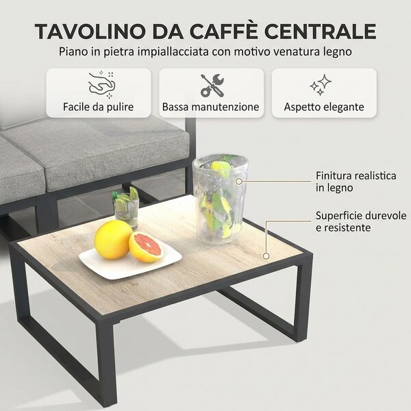 VivaGarden Salotto da Giardino con Divano Angolare e Tavolino con Cuscini in Alluminio colore Grigio
