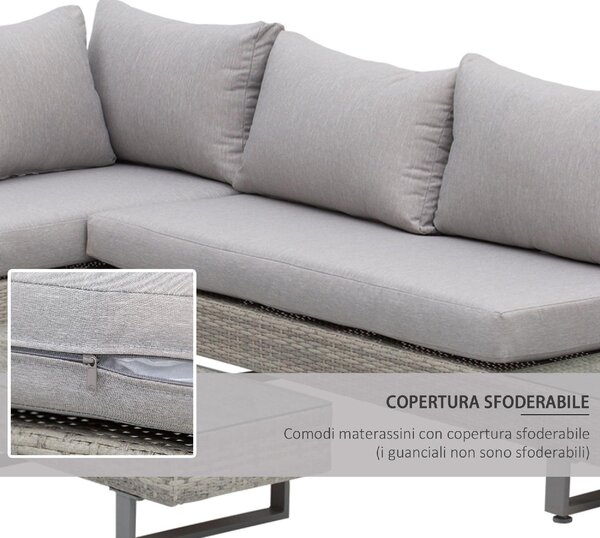 VivaGarden Salotto da Giardino con Divano Angolare e Tavolino con Cuscini in Rattan PE colore Grigio
