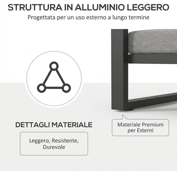 VivaGarden Salotto da Giardino con Divano Angolare e Tavolino con Cuscini in Alluminio colore Grigio