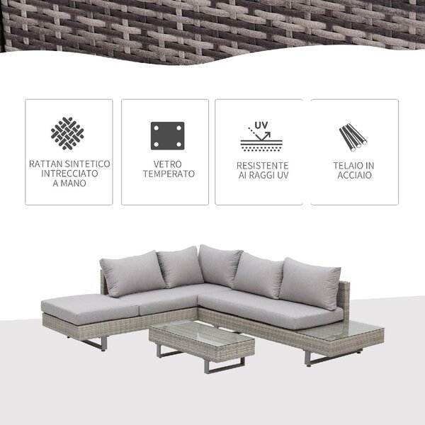 VivaGarden Salotto da Giardino con Divano Angolare e Tavolino con Cuscini in Rattan PE colore Grigio