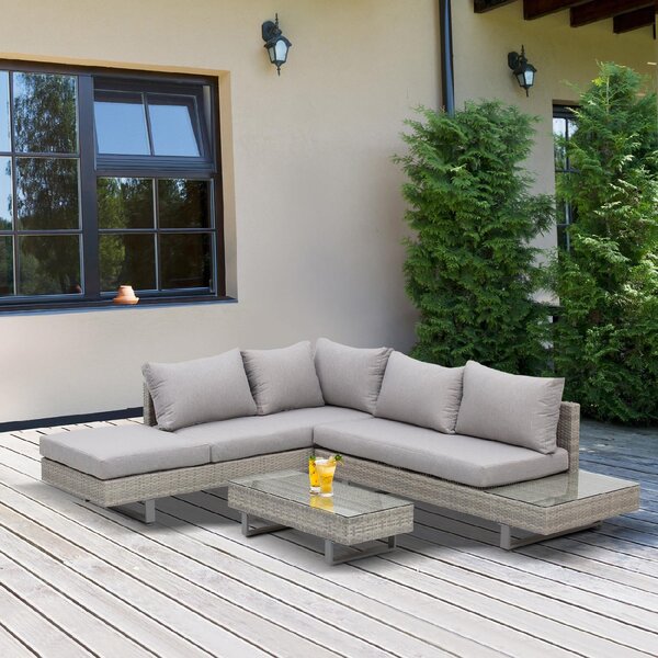 VivaGarden Salotto da Giardino con Divano Angolare e Tavolino con Cuscini in Rattan PE colore Grigio