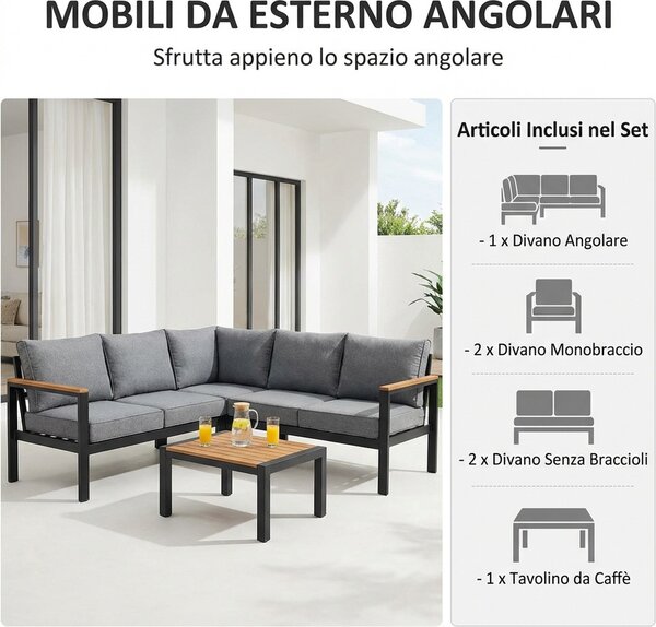 VivaGarden Salotto da Giardino con Divano Angolare e Tavolino con Cuscini in Alluminio colore Grigio