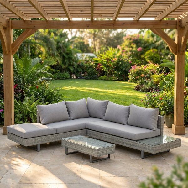 VivaGarden Salotto da Giardino con Divano Angolare e Tavolino con Cuscini in Rattan PE colore Grigio