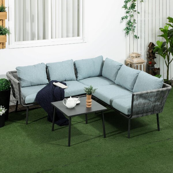 VivaGarden Salotto da Giardino con Divano Angolare e Tavolino con Cuscini in Rattan PE colore Grigio/Blu
