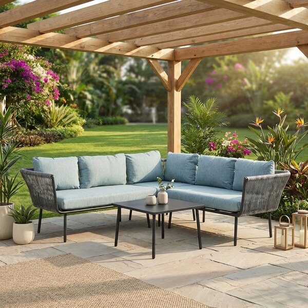 VivaGarden Salotto da Giardino con Divano Angolare e Tavolino con Cuscini in Rattan PE colore Grigio/Blu