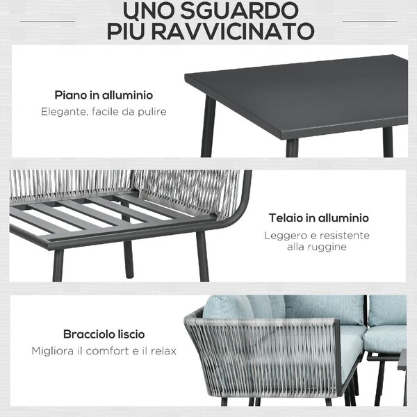 VivaGarden Salotto da Giardino con Divano Angolare e Tavolino con Cuscini in Rattan PE colore Grigio/Blu