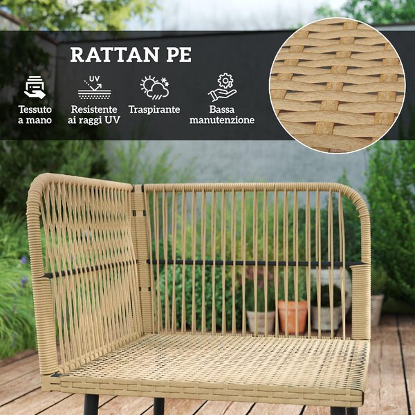 VivaGarden Salotto da Giardino con Divano Angolare e Tavolino con Cuscini in Rattan PE colore Legno Naturale