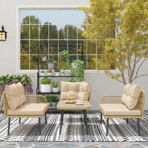 VivaGarden Salotto da Giardino con Divano Angolare e Tavolino con Cuscini in Rattan PE colore Legno Naturale