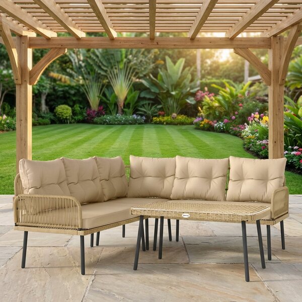 VivaGarden Salotto da Giardino con Divano Angolare e Tavolino con Cuscini in Rattan PE colore Legno Naturale