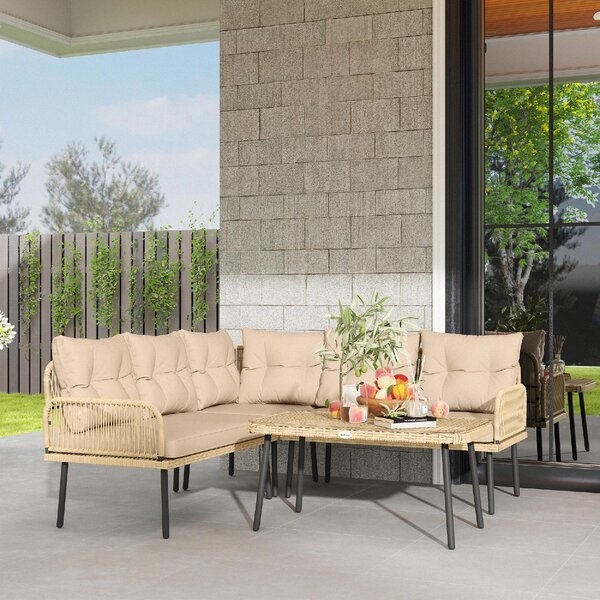 VivaGarden Salotto da Giardino con Divano Angolare e Tavolino con Cuscini in Rattan PE colore Legno Naturale
