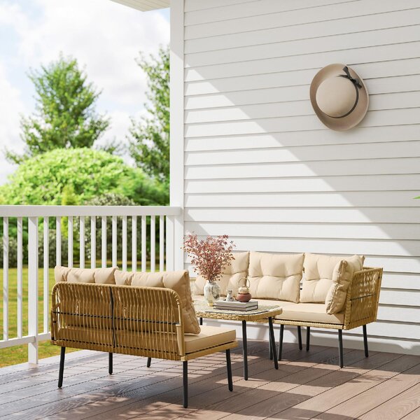 VivaGarden Salotto da Giardino con Divano Angolare e Tavolino con Cuscini in Rattan PE colore Legno Naturale
