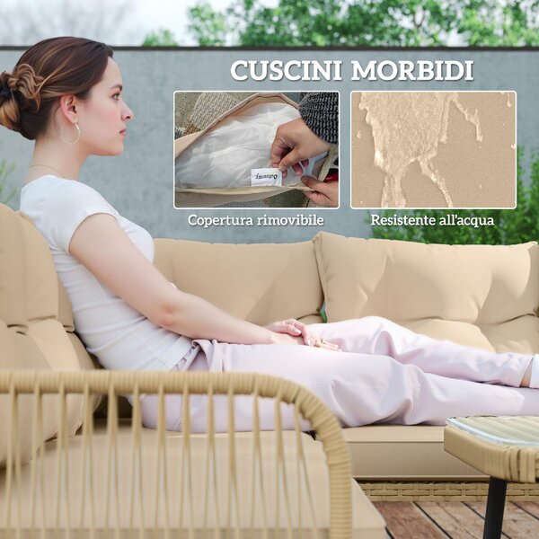 VivaGarden Salotto da Giardino con Divano Angolare e Tavolino con Cuscini in Rattan PE colore Legno Naturale