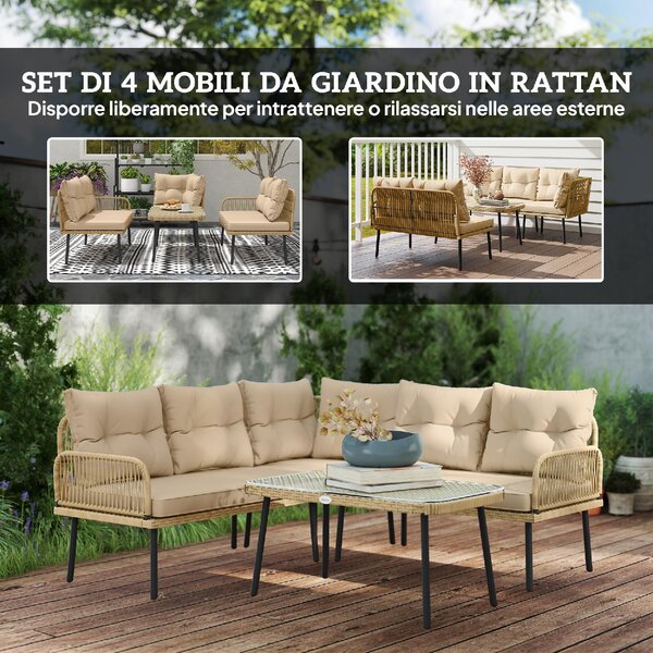VivaGarden Salotto da Giardino con Divano Angolare e Tavolino con Cuscini in Rattan PE colore Legno Naturale