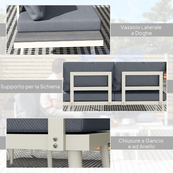 VivaGarden Salotto da Giardino con Divano Angolare Relax e Tavolino con Cuscini in Acciaio/Textilene colore Grigio