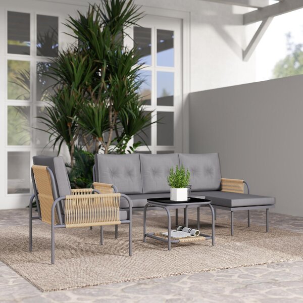 VivaGarden Salotto da Giardino con Divano Chaise Longue 1 Poltrona e Tavolino con Cuscini in Rattan PE colore Grigio