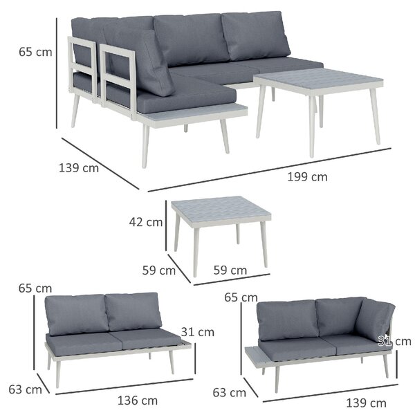 VivaGarden Salotto da Giardino con Divano Angolare Relax e Tavolino con Cuscini in Acciaio/Textilene colore Grigio