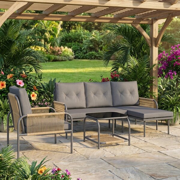 VivaGarden Salotto da Giardino con Divano Chaise Longue 1 Poltrona e Tavolino con Cuscini in Rattan PE colore Grigio