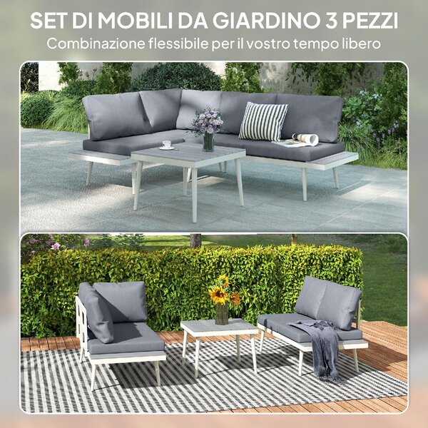 VivaGarden Salotto da Giardino con Divano Angolare Relax e Tavolino con Cuscini in Acciaio/Textilene colore Grigio