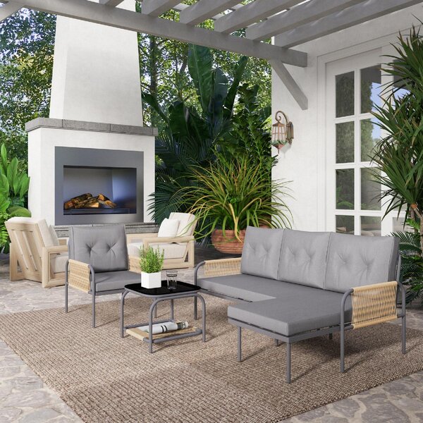 VivaGarden Salotto da Giardino con Divano Chaise Longue 1 Poltrona e Tavolino con Cuscini in Rattan PE colore Grigio
